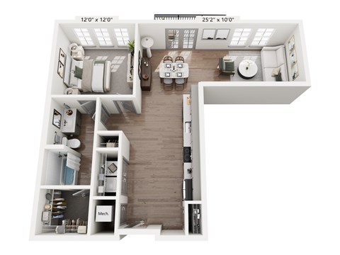 Floor plan for 1 bed, 1 bath, 898 sqft